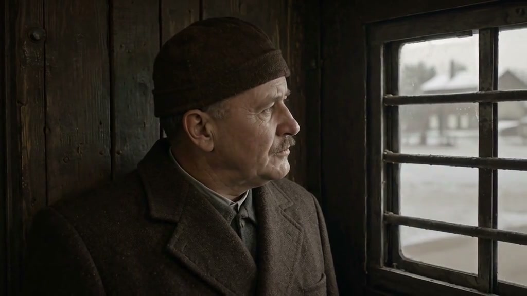 Pavol’s reconstructed character looking through a train window, a cinematic still from The Journey Home