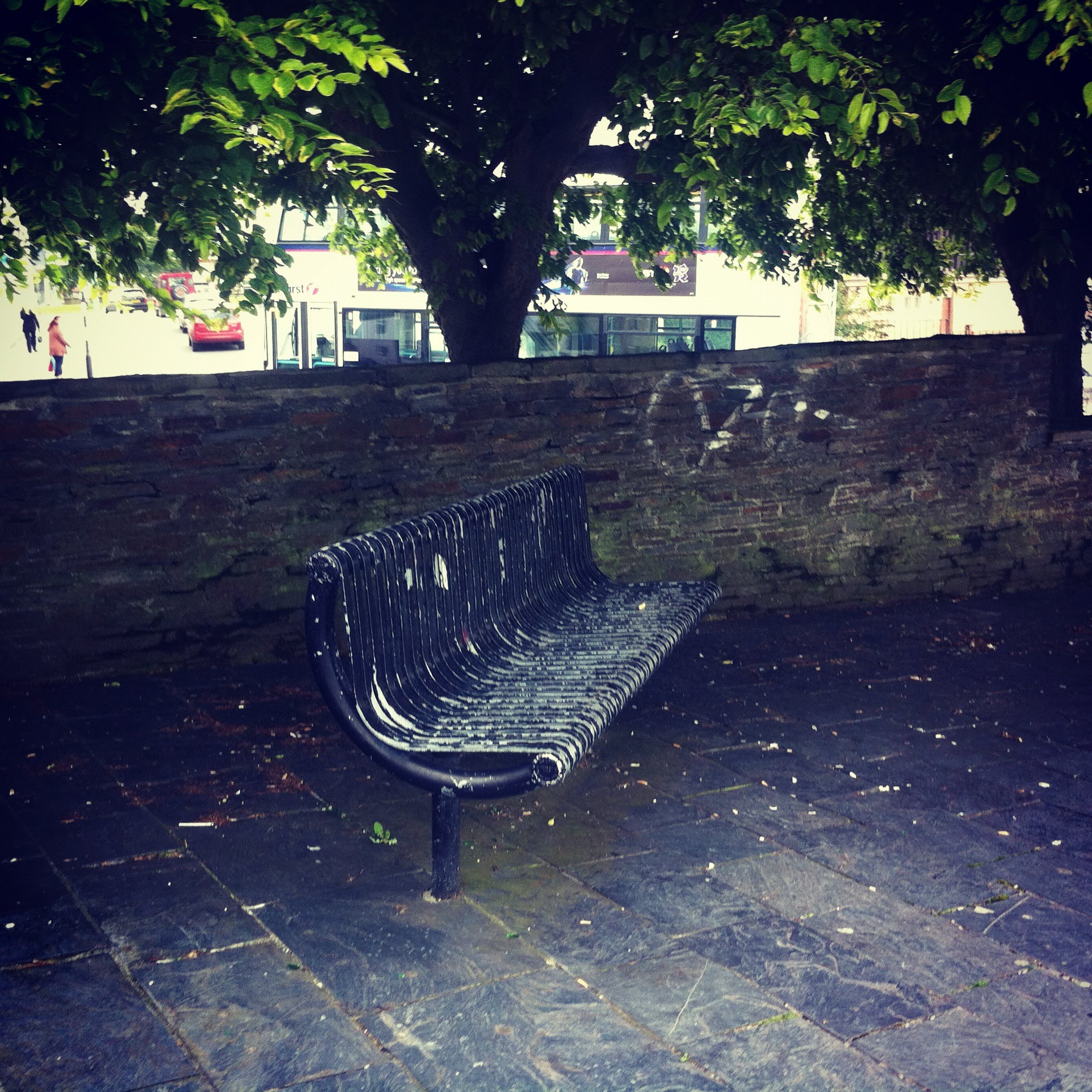 A weathered bench in Plymouth photographed in soft, overcast light.